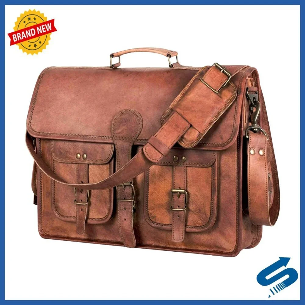 Vintage Leather Messenger Bag Unisex Large Laptop Briefcase Classic Office